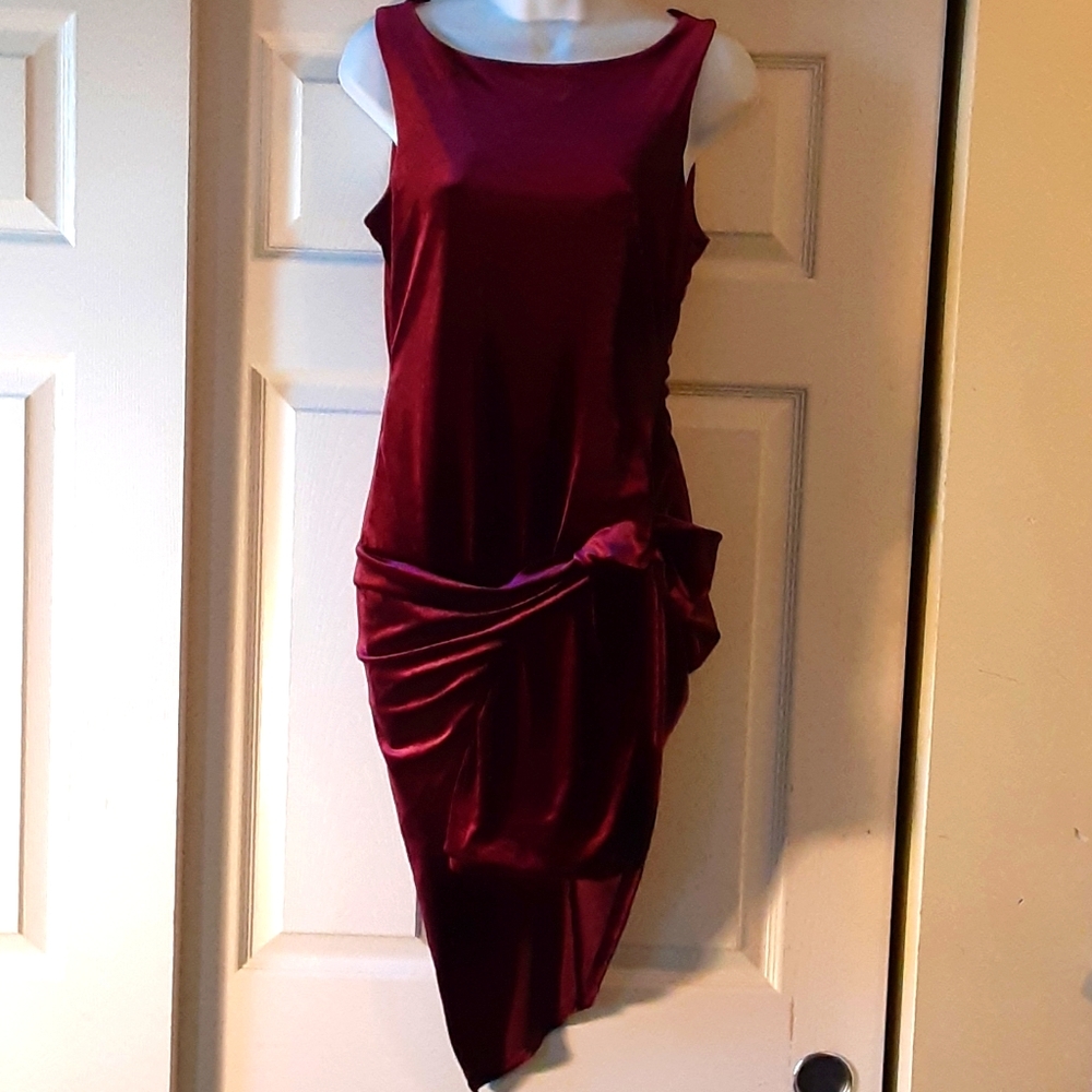 Venus Burgundy Velvet Asymmetrical Dress Medium Draped Knot Cocktail Party - Picture 2 of 12